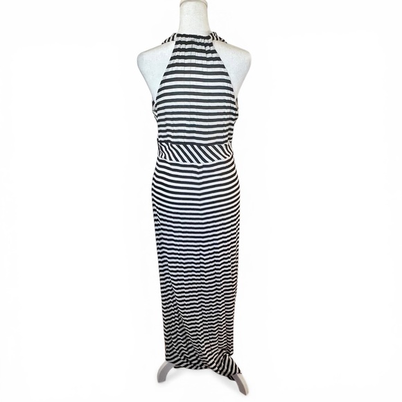ANN TAYLOR Black White Striped Maxi Dress Racerback Medium Chic Vacation - Picture 3 of 10